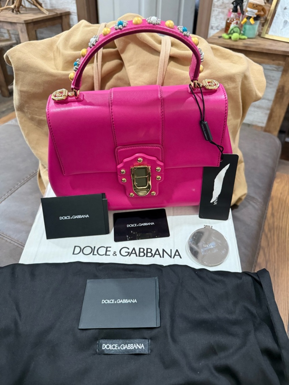 Dolce & Gabbana Hot Pink Jeweled Handle Leather Satchel